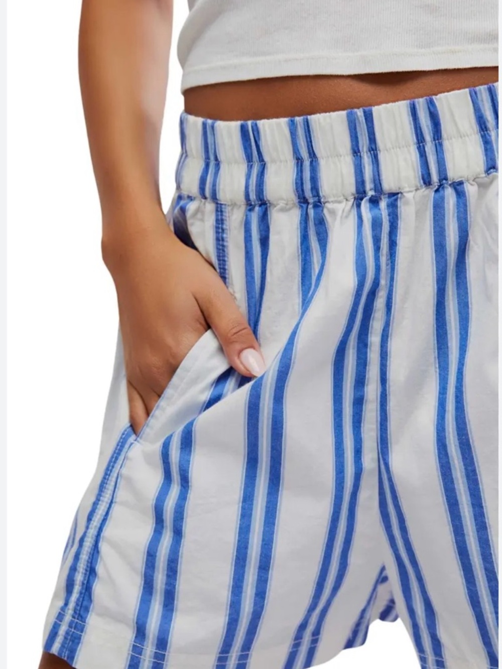 Free People White and Blue Striped Elastic-Waist Shorts